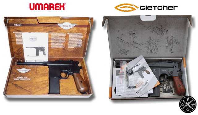 Маузеры "Umarex Legends C96" и "Gletcher M712" в коробках