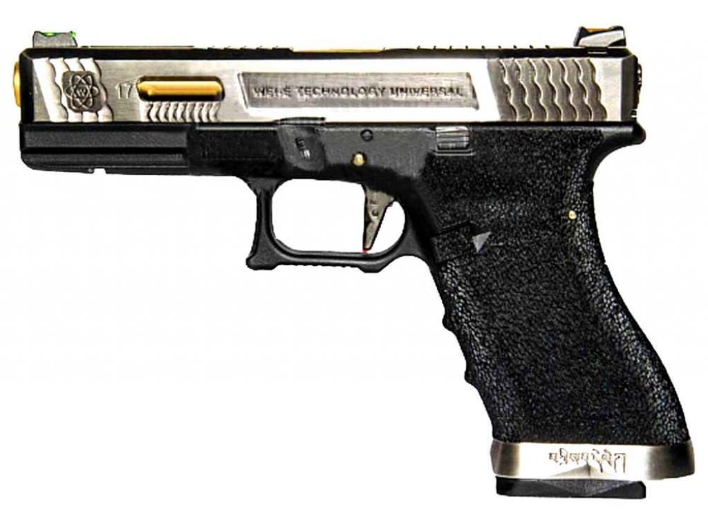 Пистолет WE-G001WET-3 Glock-17 G-Force (металл, слайд, черная рамка, хромированный слайд, золотой ствол) Пистолет WE-G001WET-3 Glock-17 G-Force (металл, слайд, черная рамка, хромированный слайд, золотой ствол)