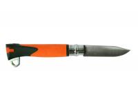 Нож Opinel серии Specialists EXPLORE №12 (клинок 10 см., нерж.сталь, пластик, свисток, огниво, стропорез, оранж./серый) вид сбоку