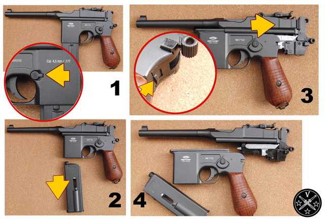 Порядок неполной разборки пневматического пистолета Gletcher M712